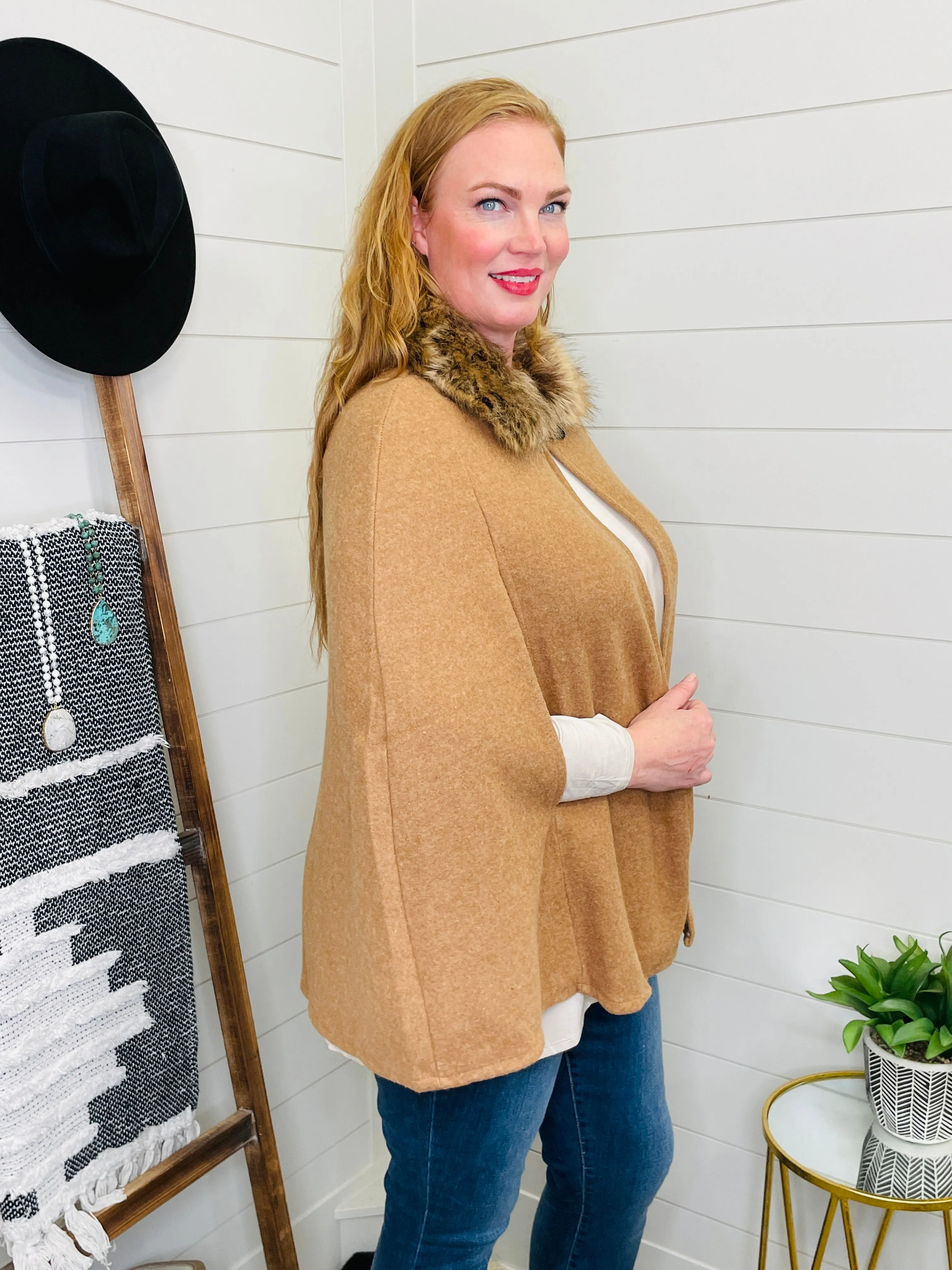 Country Club Chic Caramel Faux Fur Trimmed Cape