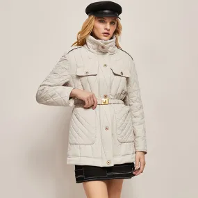 Diamond Quilted Thigh-Length Puffer Jacket