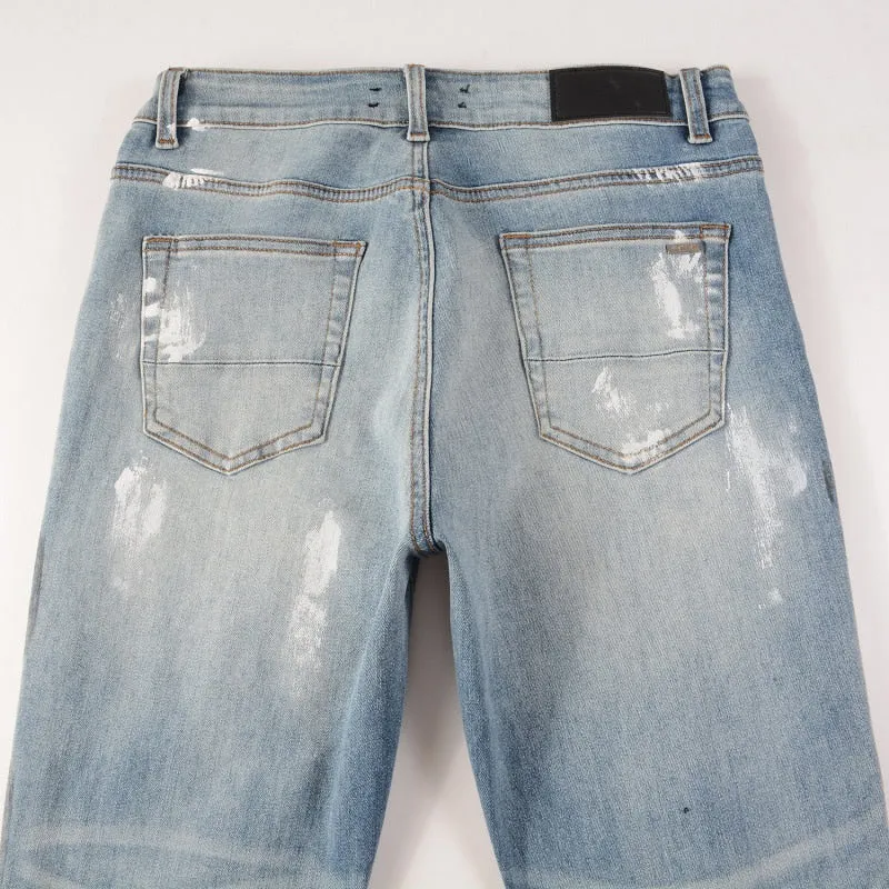 Distressed Silver Rhinestone Slim Blue Jeans