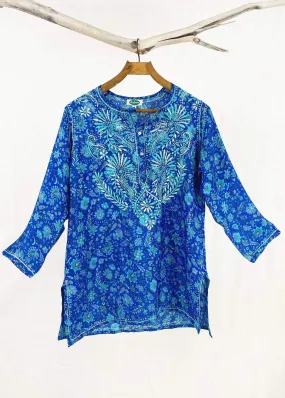 Dolma Blue Hand Embroidered Silk Blend Tunic