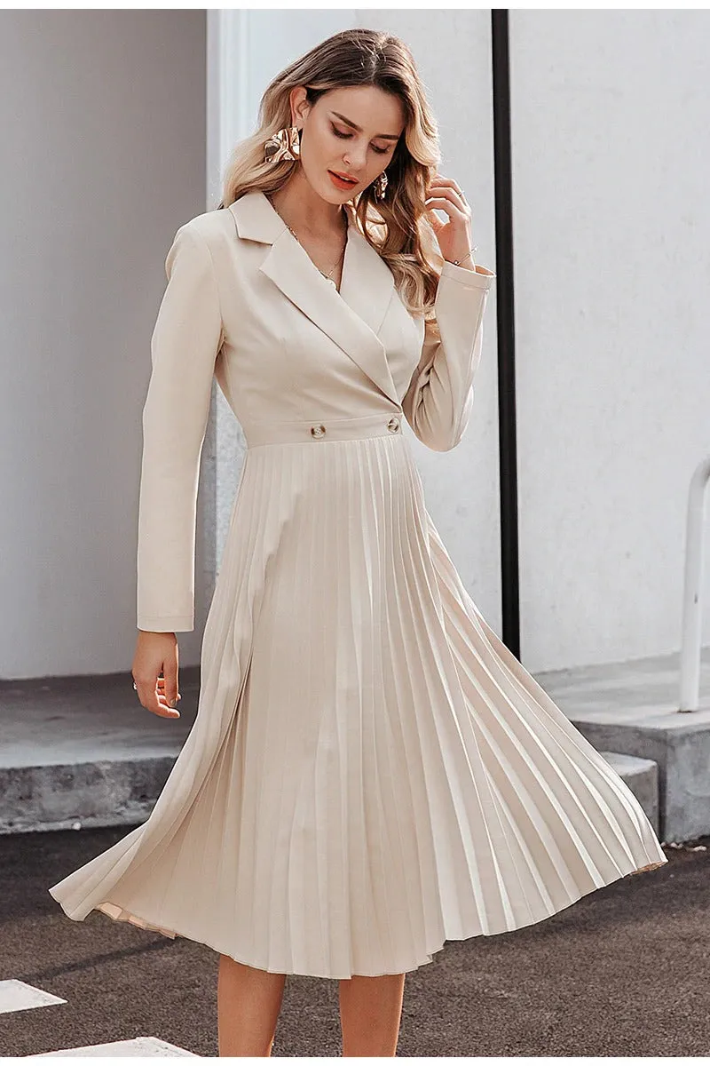 Elegant Pleated Office Solid Breasted Blazer Long Sleeve Party Dress