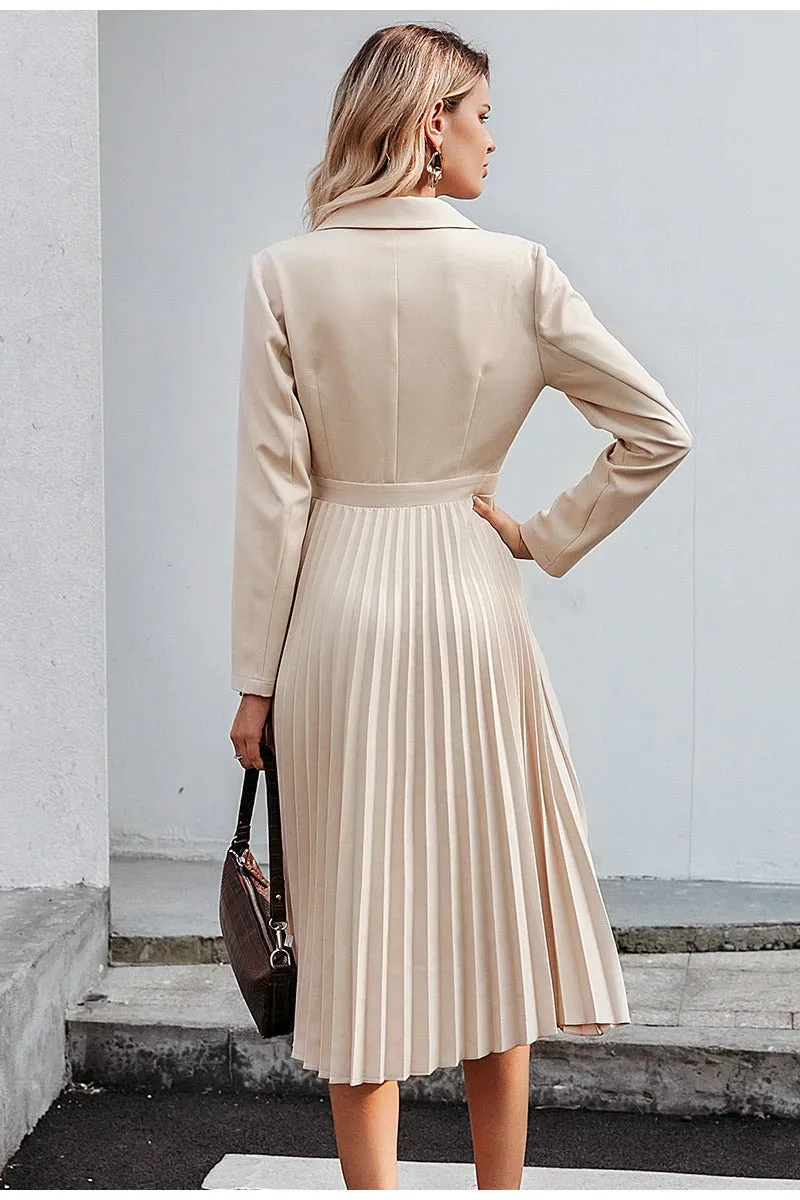 Elegant Pleated Office Solid Breasted Blazer Long Sleeve Party Dress