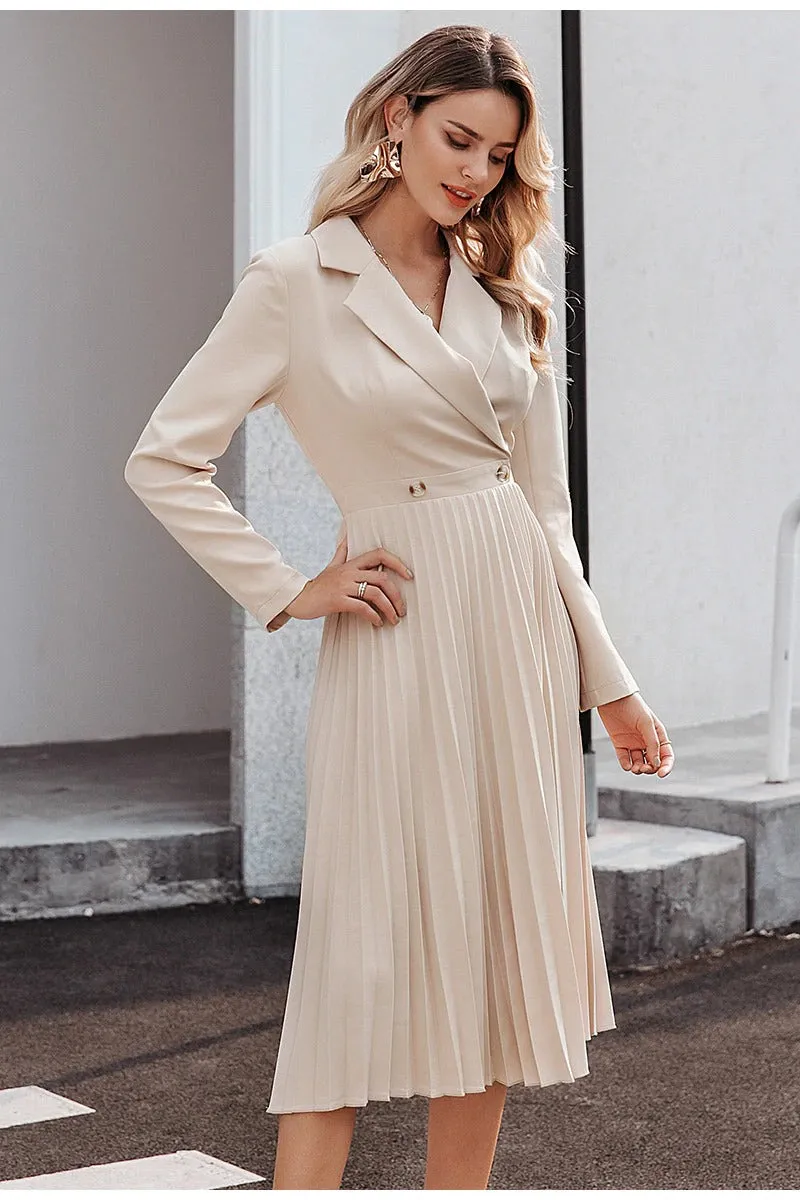 Elegant Pleated Office Solid Breasted Blazer Long Sleeve Party Dress