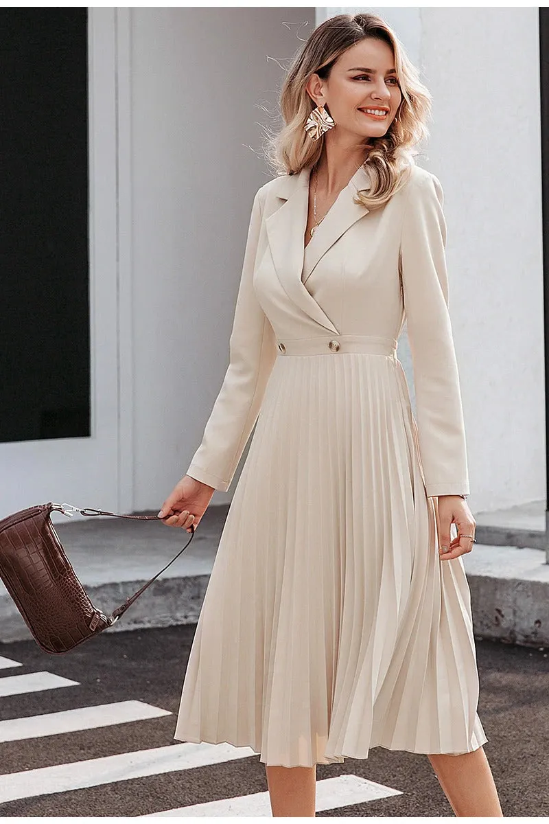 Elegant Pleated Office Solid Breasted Blazer Long Sleeve Party Dress