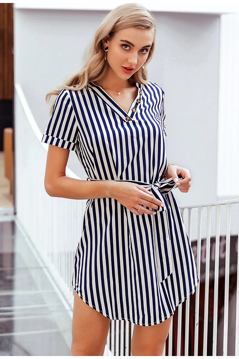 Elegant Striped High Waist V-neck Buttons Belt Office Dress