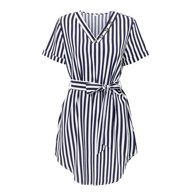 Elegant Striped High Waist V-neck Buttons Belt Office Dress