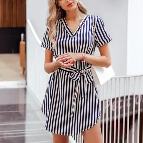 Elegant Striped High Waist V-neck Buttons Belt Office Dress