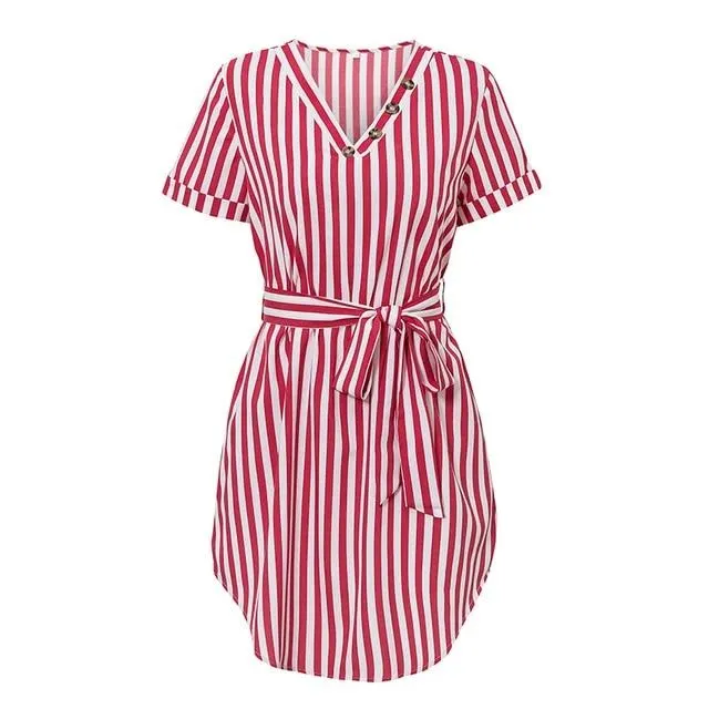 Elegant Striped High Waist V-neck Buttons Belt Office Dress