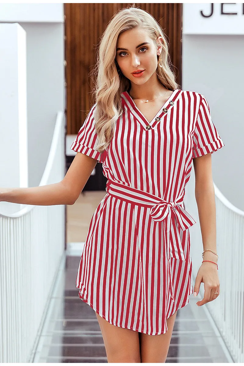 Elegant Striped High Waist V-neck Buttons Belt Office Dress