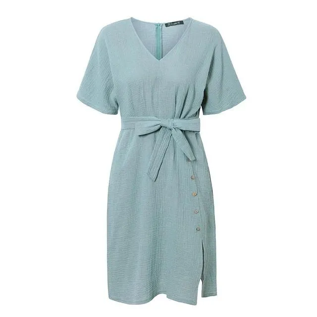 Elegant V-neck Streetwear Strap Buttons Cotton Summer Office Dress