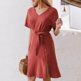 Elegant V-neck Streetwear Strap Buttons Cotton Summer Office Dress