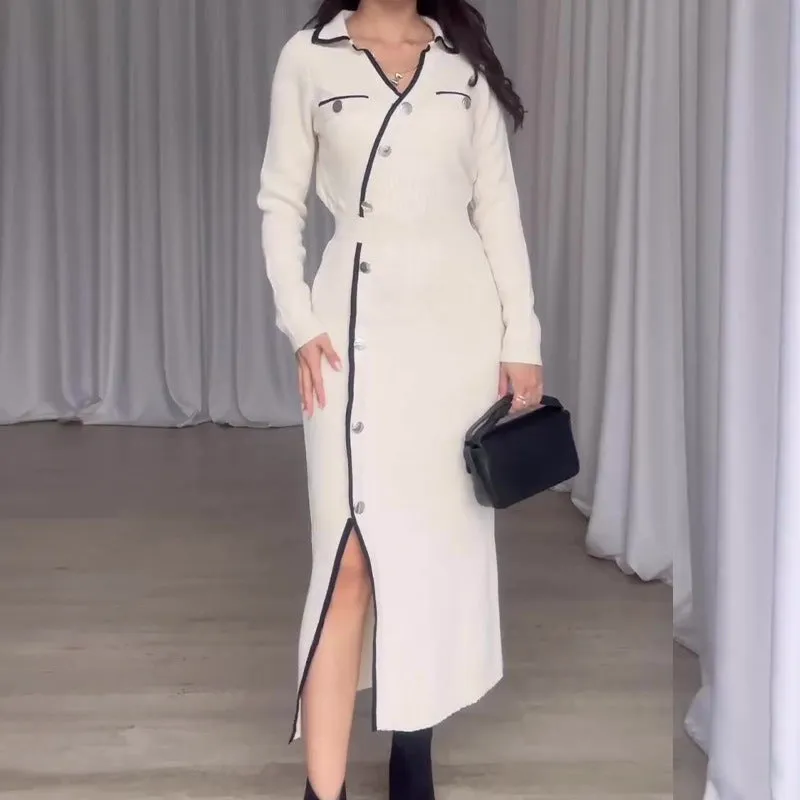 Fashionkova 2000s fashion Autumn Fashion Contrast Color Polo Collar Sweater Long Sleeve Dress