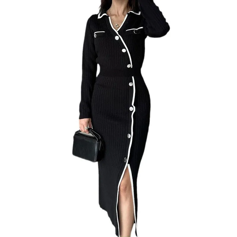 Fashionkova 2000s fashion Autumn Fashion Contrast Color Polo Collar Sweater Long Sleeve Dress