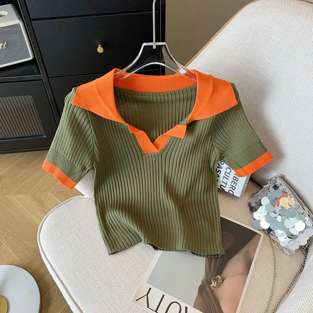 Fashionkova business casual women outfits chic Summer French-Style Elegant Polo Shirt Women's Contrast Color V-neck Short Sleeve Cool Silk Top Slim Fit Inner Sweater