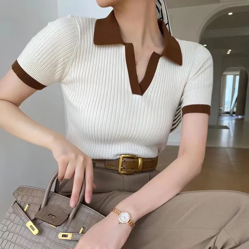 Fashionkova business casual women outfits chic Summer French-Style Elegant Polo Shirt Women's Contrast Color V-neck Short Sleeve Cool Silk Top Slim Fit Inner Sweater