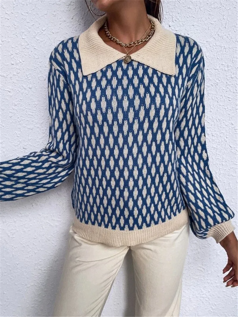 Fashionkova church outfit Autumn and Winter New French Diamond Pattern Lantern Sleeve Contrast Color Polo Collar Sweater