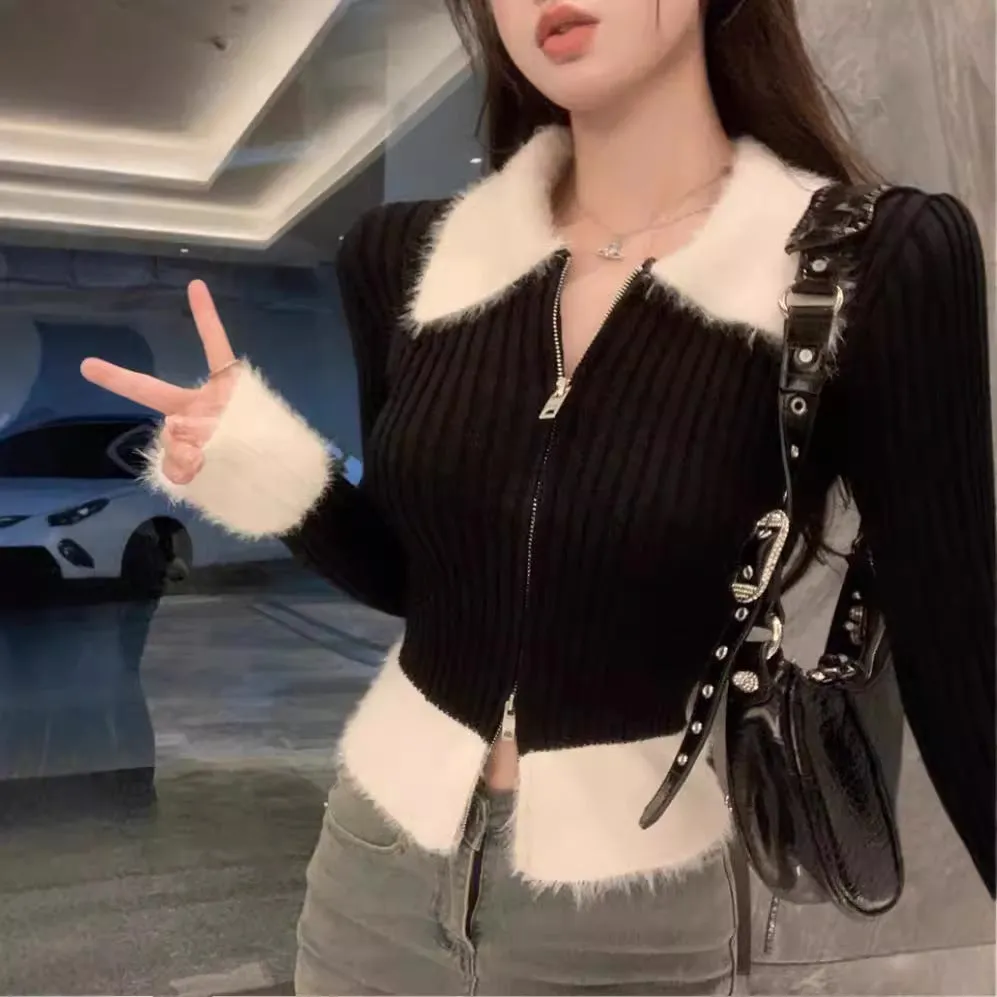 Fashionkova winter outfits women 2024 Sweet and Spicy Fur Collar Knitted Cardigan Women's Niche Double Zipper Slimming Short Sweater