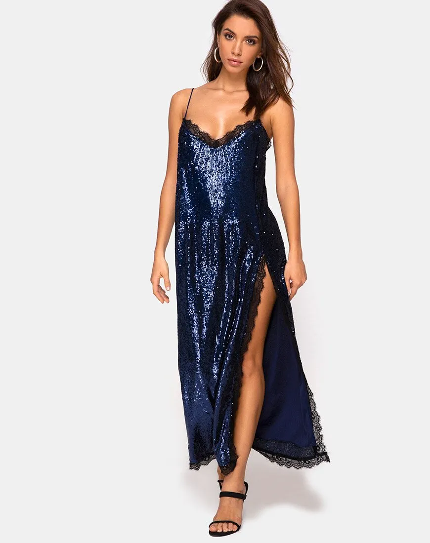 Fitilia Maxi Dress in Midnight Mini Sequin with Black Lace