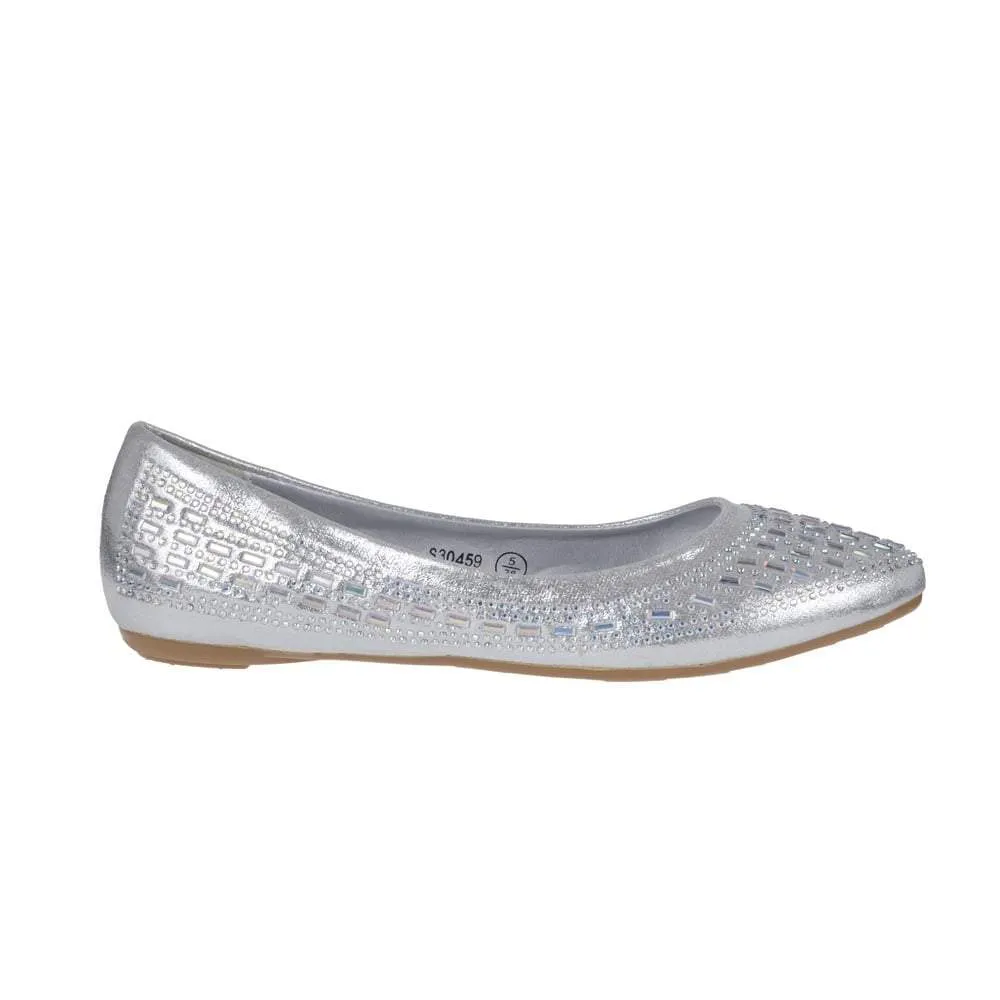 Flat Ballerina Pumps With Diamante And Mirror Stones