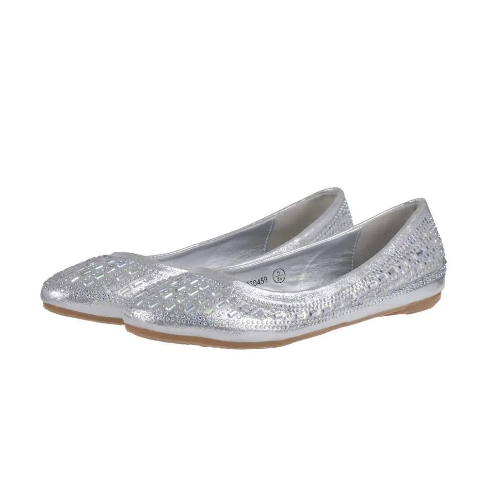 Flat Ballerina Pumps With Diamante And Mirror Stones