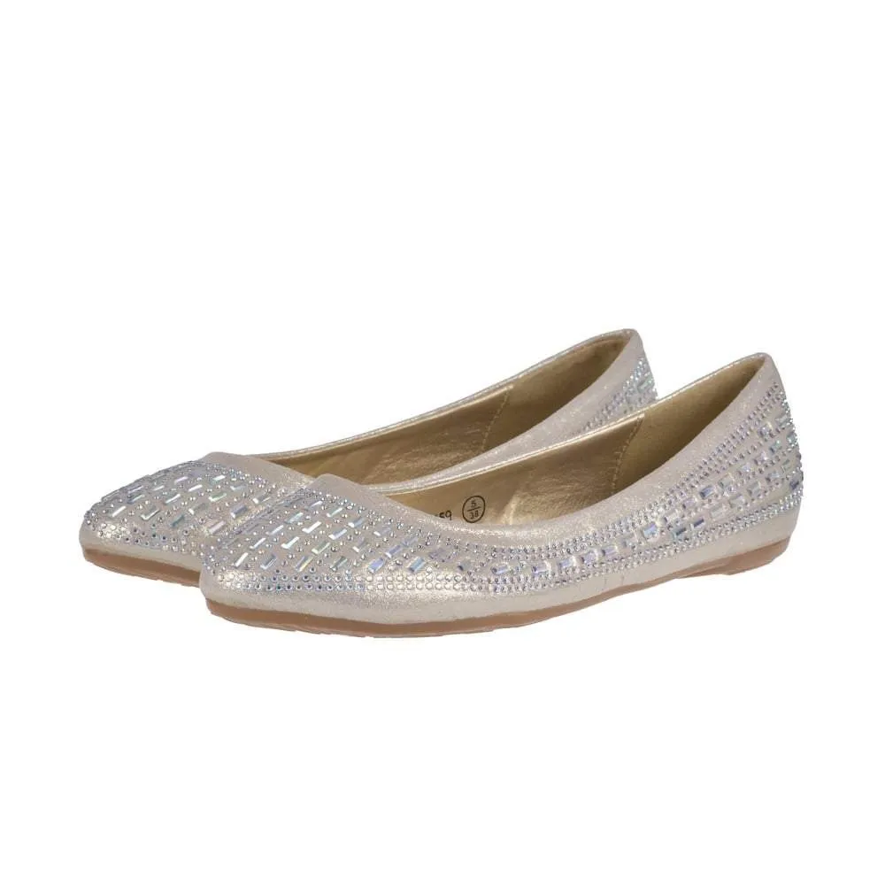 Flat Ballerina Pumps With Diamante And Mirror Stones