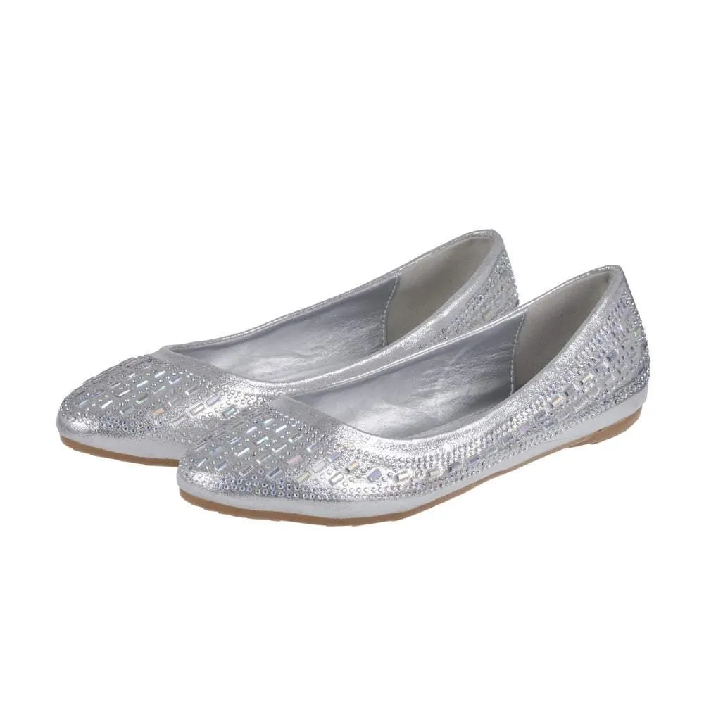 Flat Ballerina Pumps With Diamante And Mirror Stones