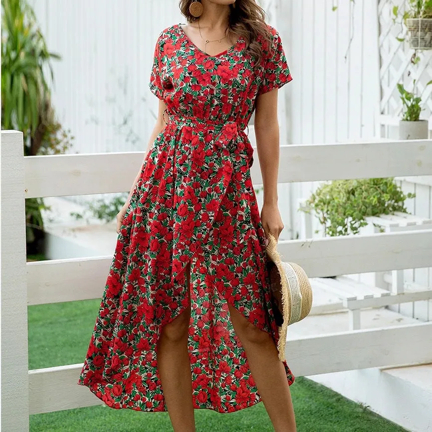 Floral Print Boho V-neck Short Sleeve Vent Holiday A-line Streetwear Belt Beach Dress