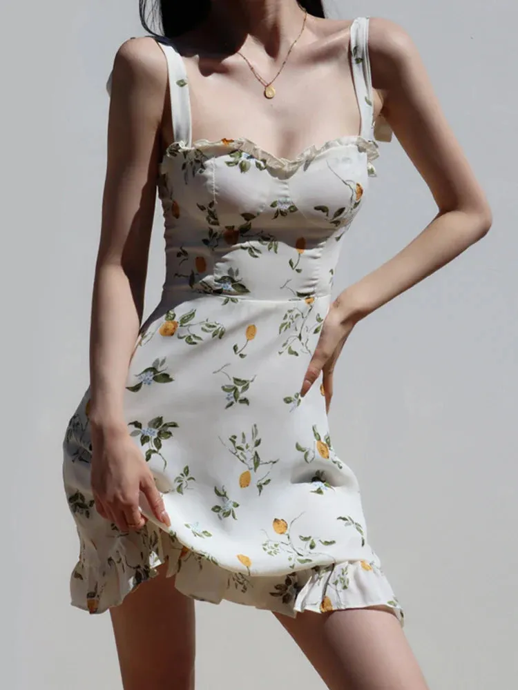 Floral Print Short Elegant Casual New Women For Mini Ruffles Summer Suspender Dress Dress