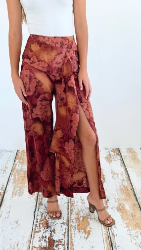 Flower High Waisted Side Slit Pants - Brick