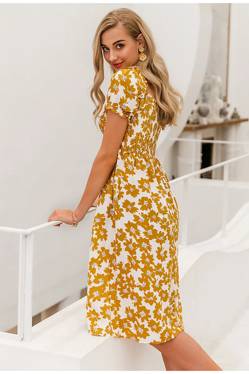 Flower Spring Puff Sleeve High Waist Ruffled A-line Midi Boho Dress