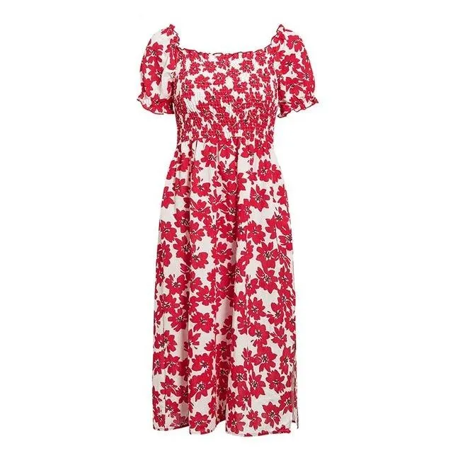 Flower Spring Puff Sleeve High Waist Ruffled A-line Midi Boho Dress