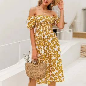 Flower Spring Puff Sleeve High Waist Ruffled A-line Midi Boho Dress