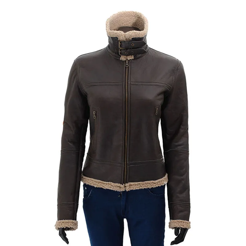 Frances Womens Dark Brown Best Leather Bomber Jacket with Shearling