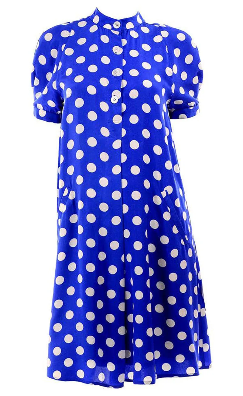 Geoffrey Beene Vintage Silk Blue & White Polka Dot Dress