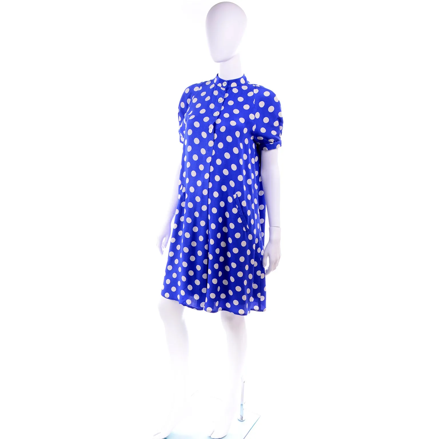 Geoffrey Beene Vintage Silk Blue & White Polka Dot Dress