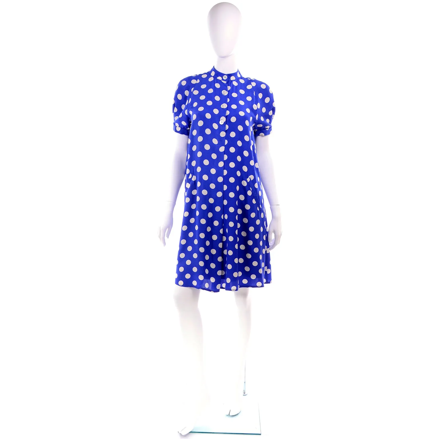 Geoffrey Beene Vintage Silk Blue & White Polka Dot Dress