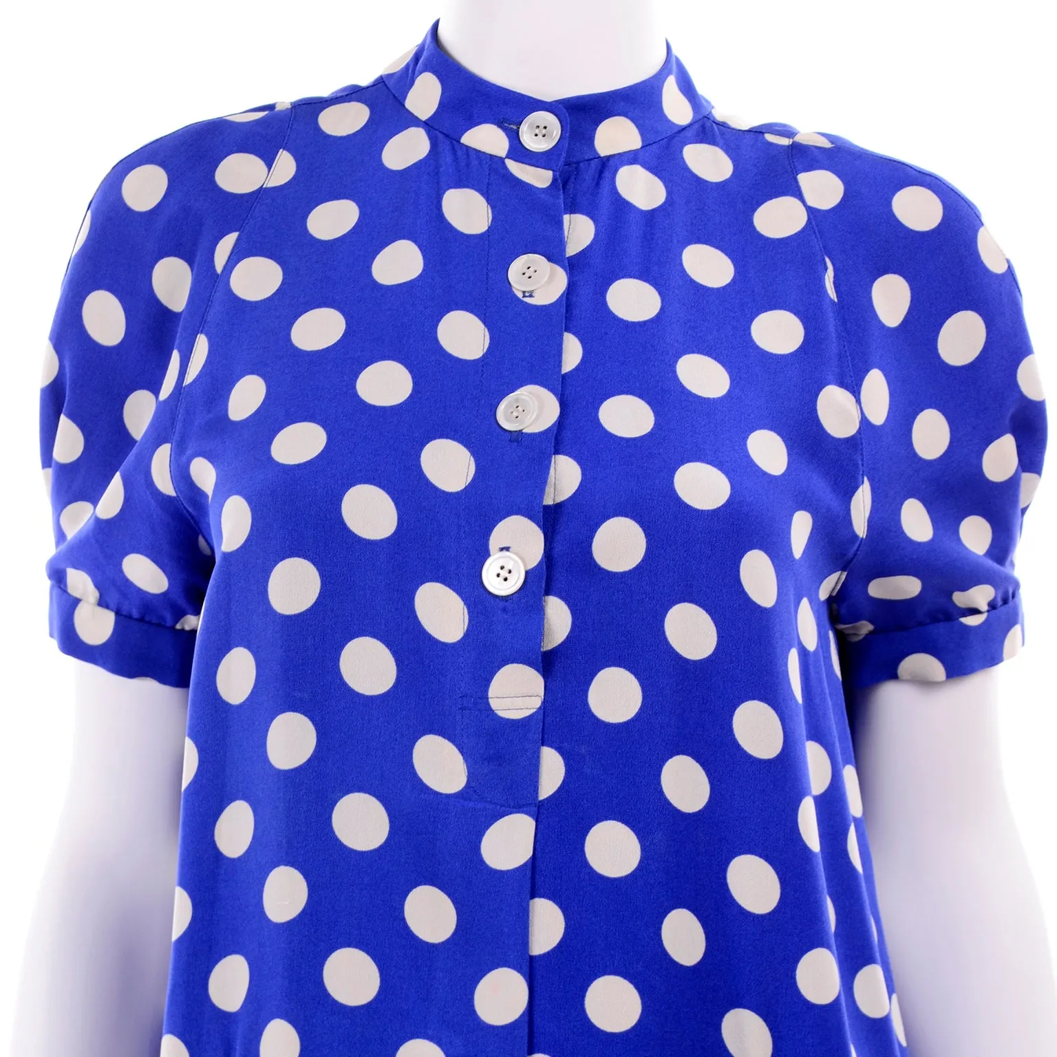 Geoffrey Beene Vintage Silk Blue & White Polka Dot Dress