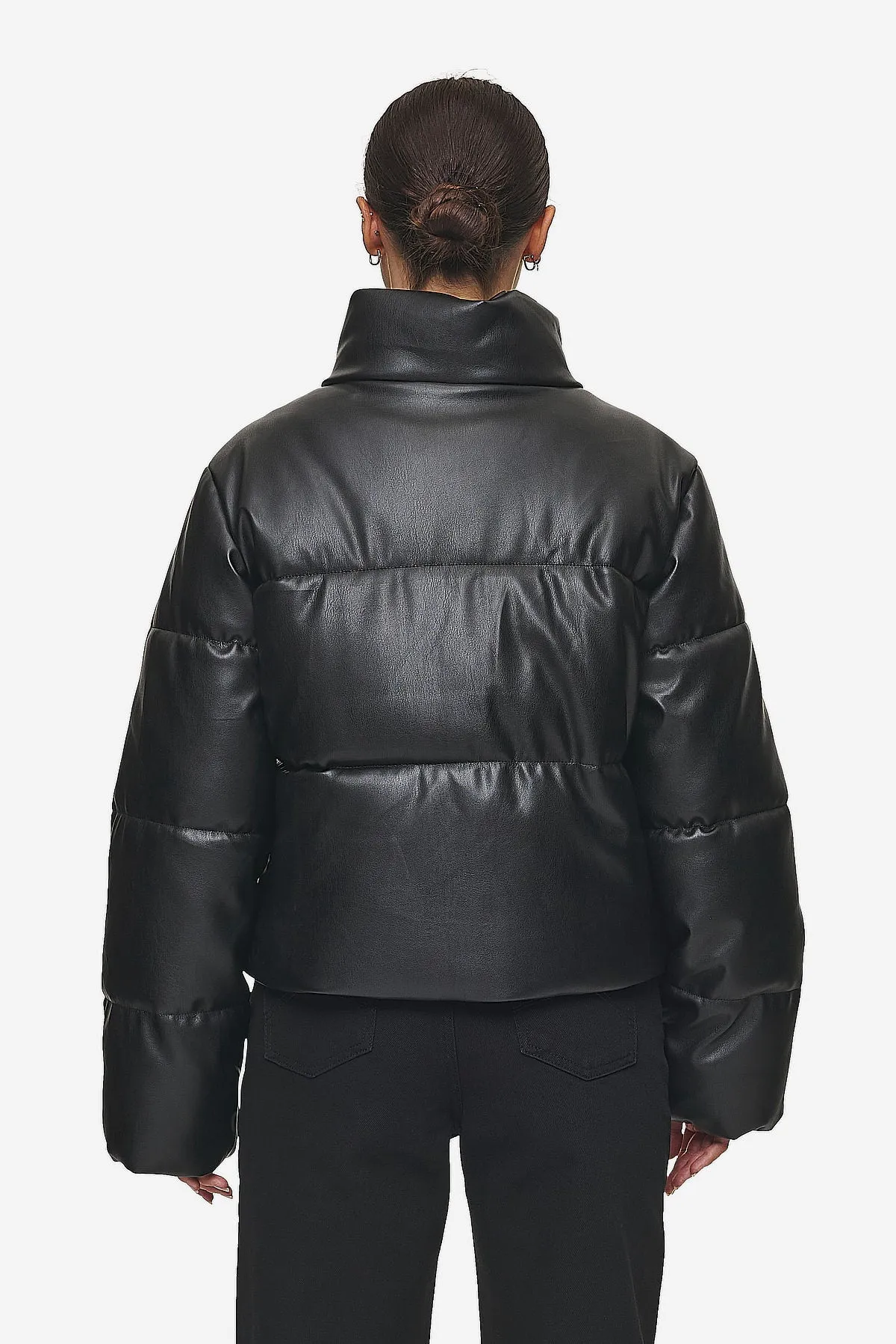 Georgia Faux Leather Puffer Jacket Metal Logo Black