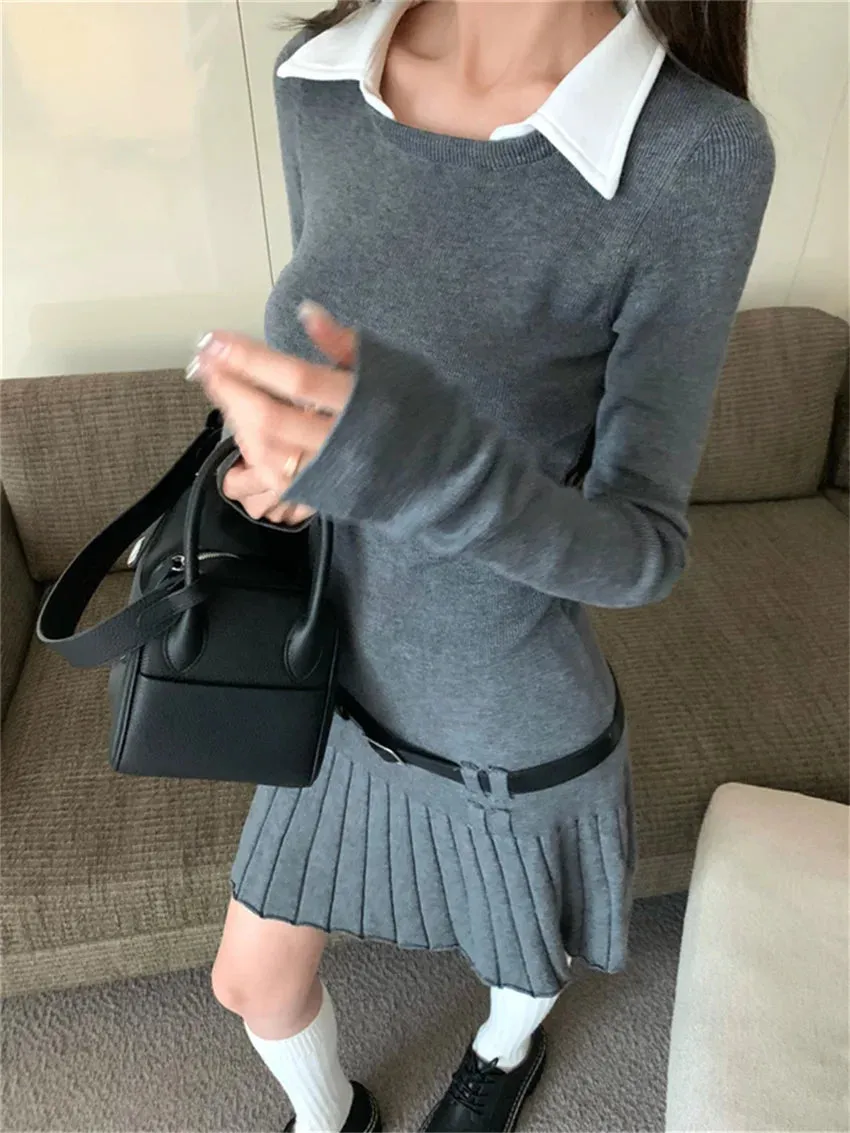 Girlary Chic Slim-Fit New Pleated Mini Dress Women Elegant Spring Office Lady 2024 Streetwear OL Knitted Full Sleeve Gentle