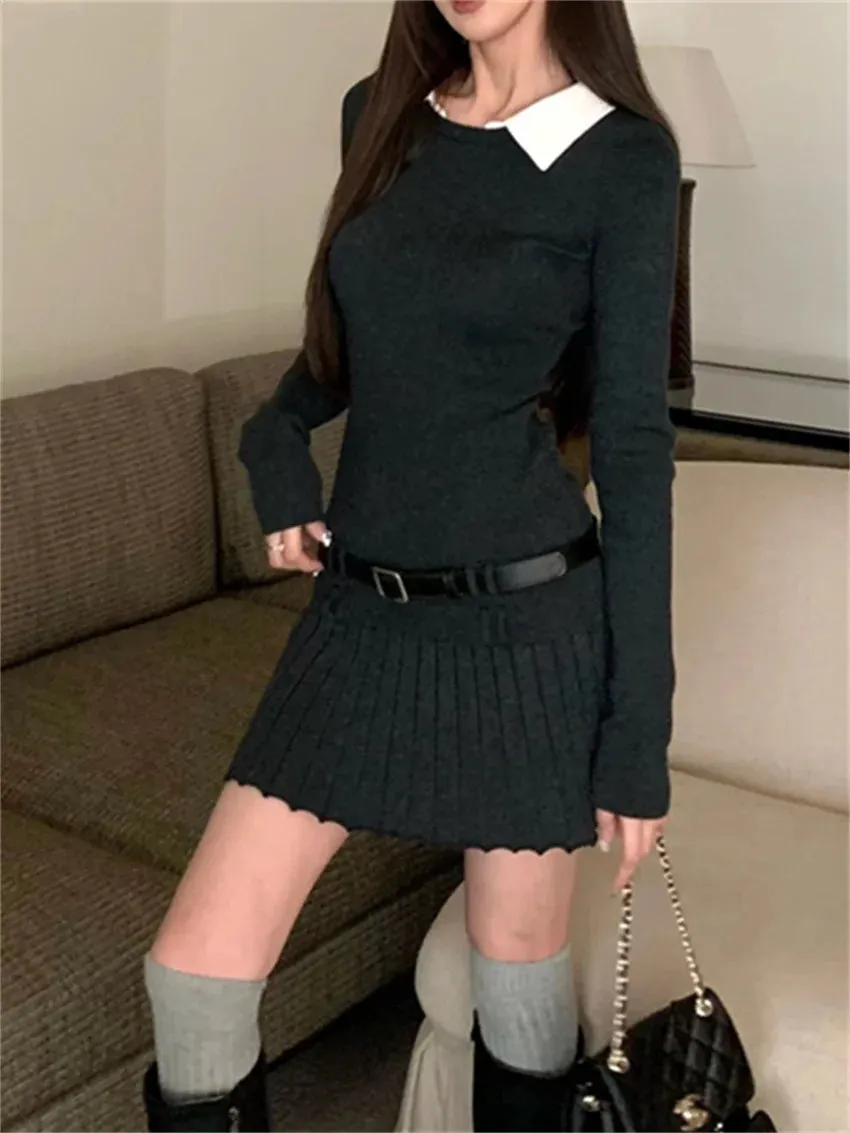 Girlary Chic Slim-Fit New Pleated Mini Dress Women Elegant Spring Office Lady 2024 Streetwear OL Knitted Full Sleeve Gentle