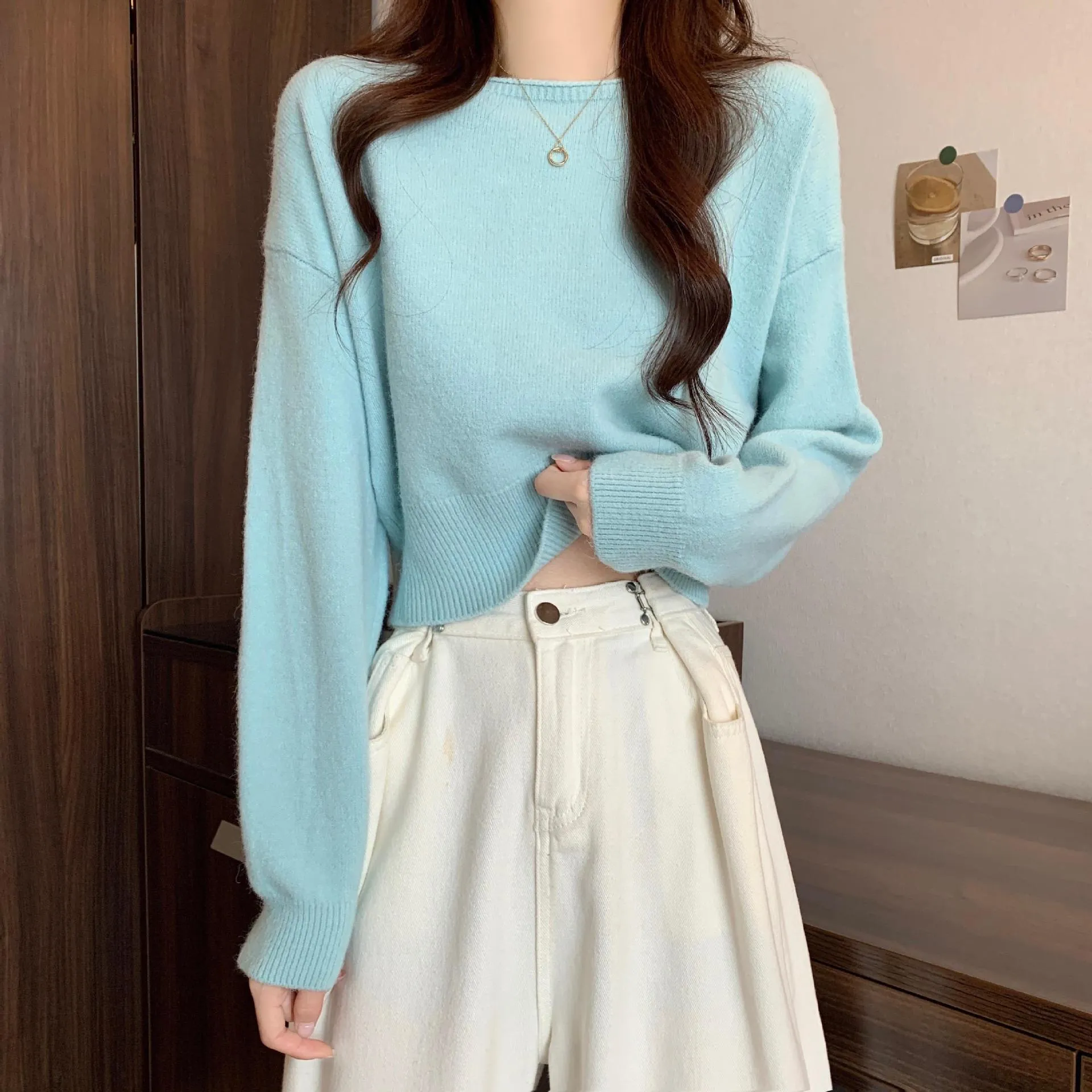 Girlary-shop going out outfits 2024 Spring and Autumn Inner Sweater Small Short Top Trendy Korean Style Light Purple College Style Knitted Bottoming Shirt for Women