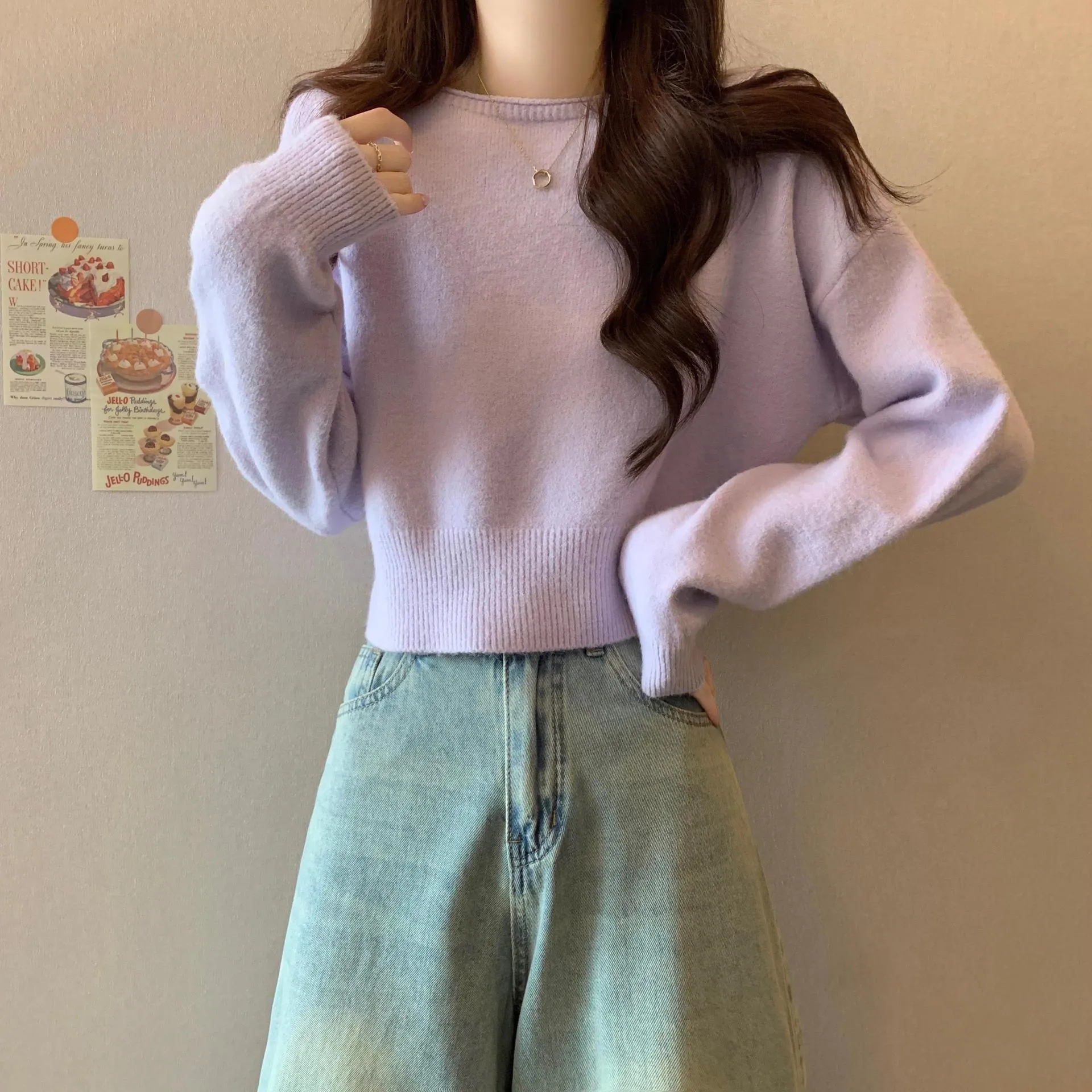 Girlary-shop going out outfits 2024 Spring and Autumn Inner Sweater Small Short Top Trendy Korean Style Light Purple College Style Knitted Bottoming Shirt for Women