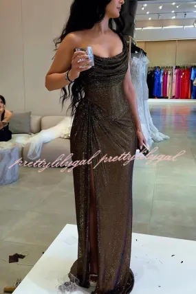 Glitzy Gala Glitter Fabric One Shoulder Ruched Slit Maxi Dress