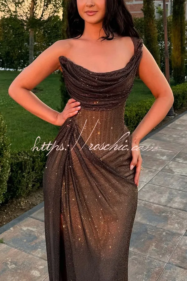 Glitzy Gala Glitter Fabric One Shoulder Ruched Slit Maxi Dress