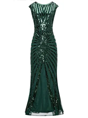 Green 1920s Sequin Art Deco Maxi Dress