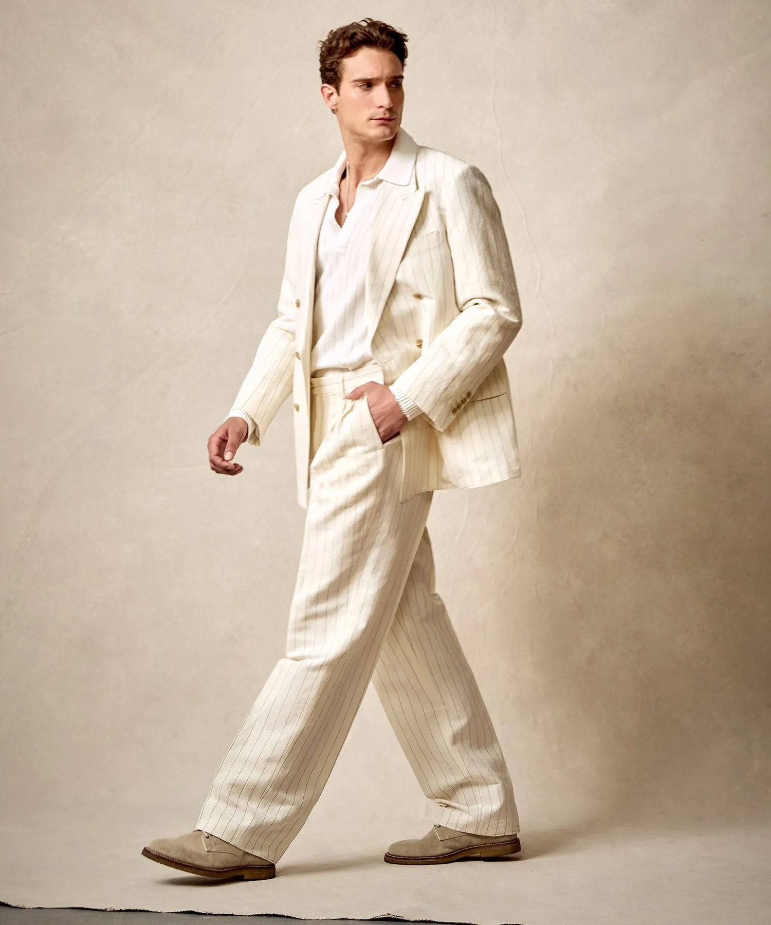 Italian Linen Wythe Trouser in White Pinstripe