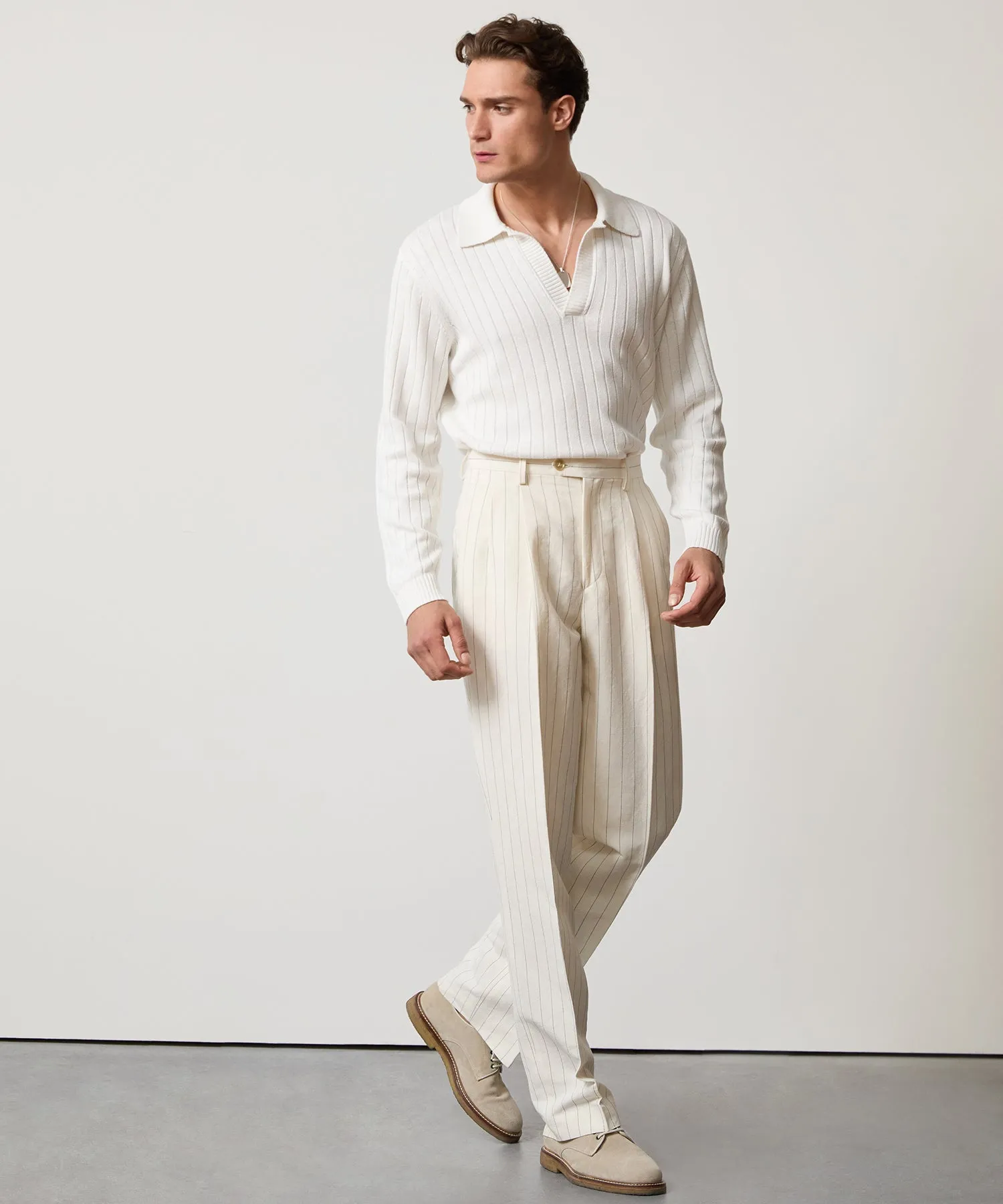 Italian Linen Wythe Trouser in White Pinstripe