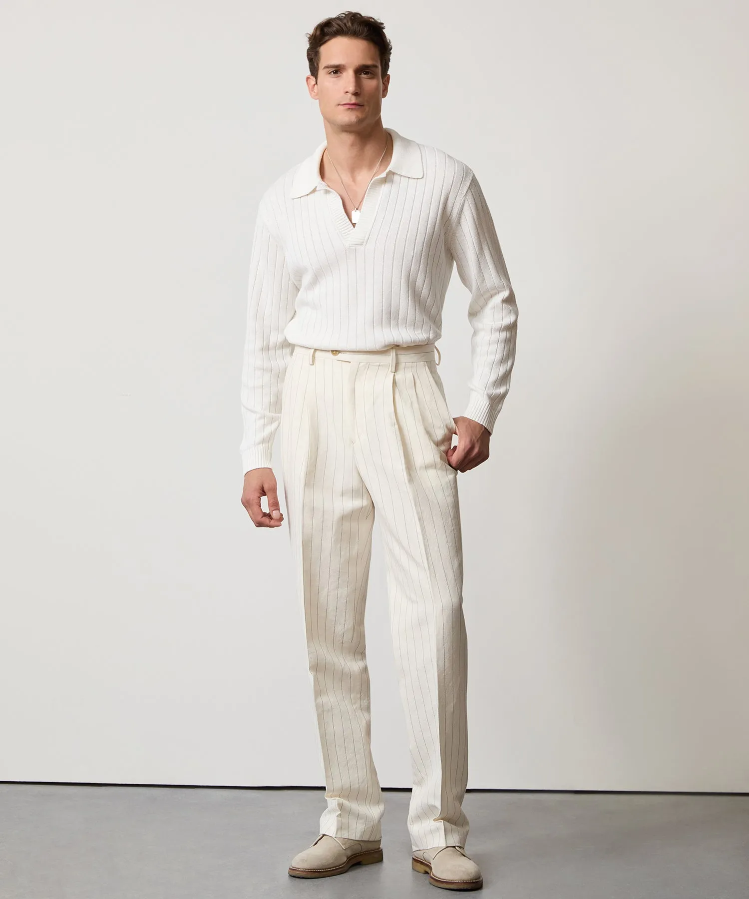 Italian Linen Wythe Trouser in White Pinstripe