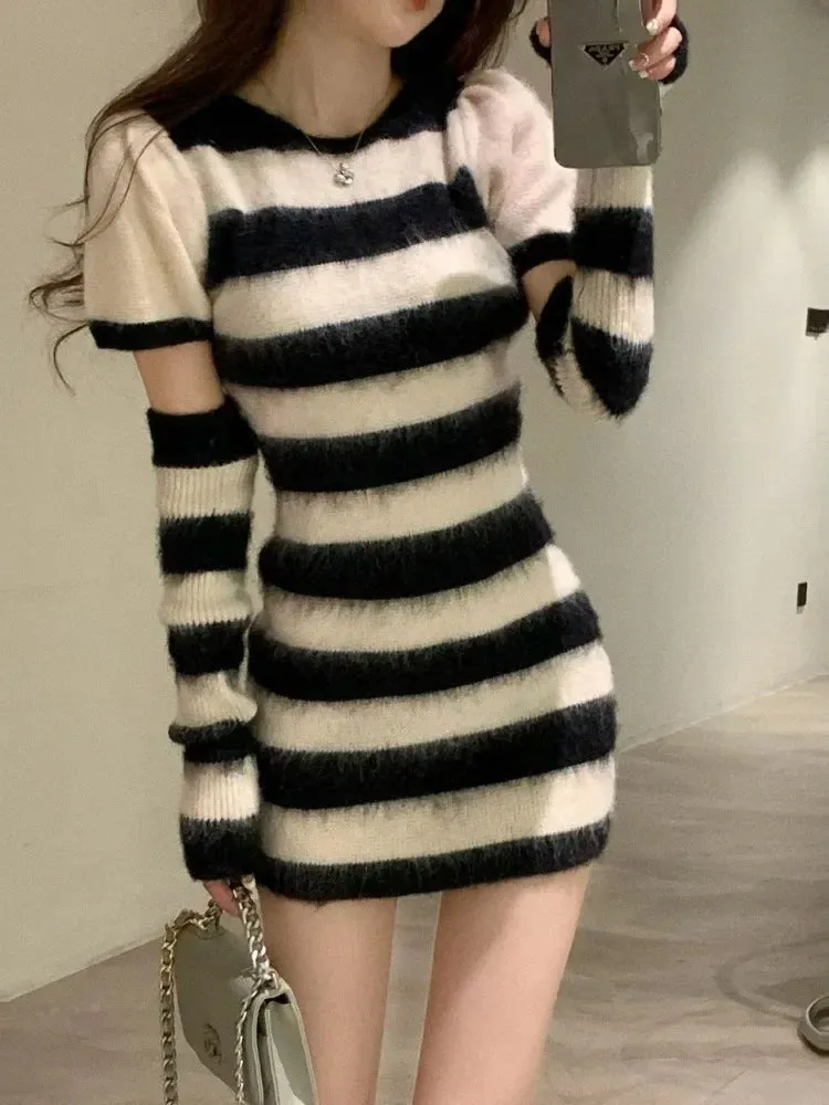 Knitted Sweater Striped Mini Bodycon Dress Women Autumn Winter Korean Style Kpop Casual Streetwear Short Dresses