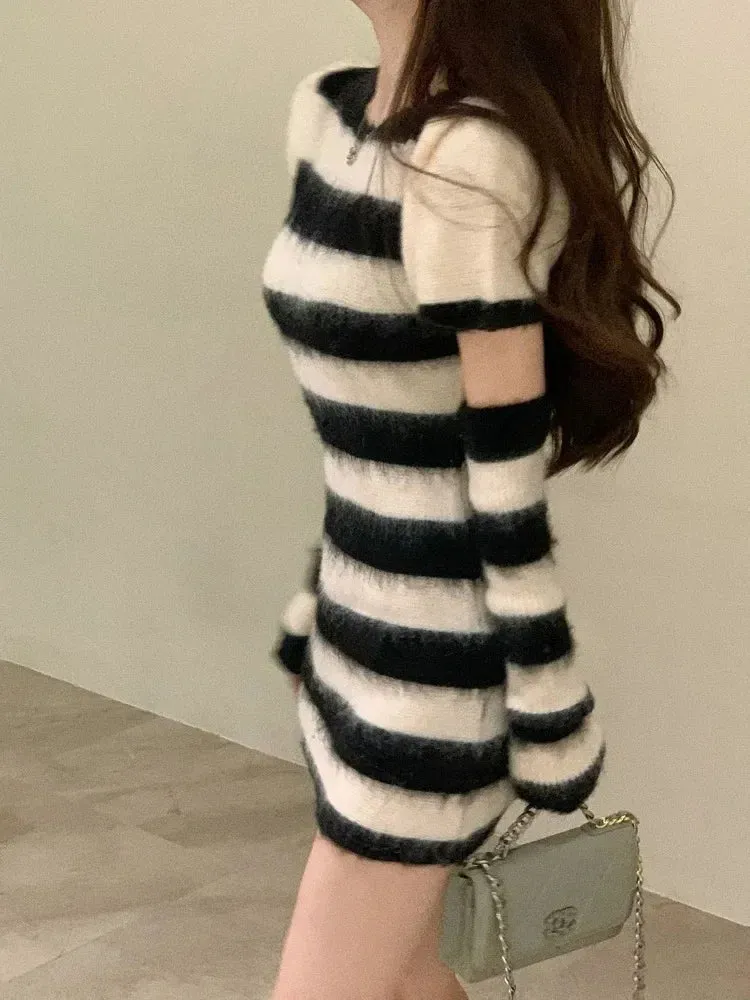 Knitted Sweater Striped Mini Bodycon Dress Women Autumn Winter Korean Style Kpop Casual Streetwear Short Dresses